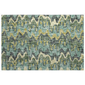 Dalyn Luxury Lorenzo LN6 Teal Washable Area Rug with wavy beige, green, and charcoal pattern. Machine-made polyester rug.
