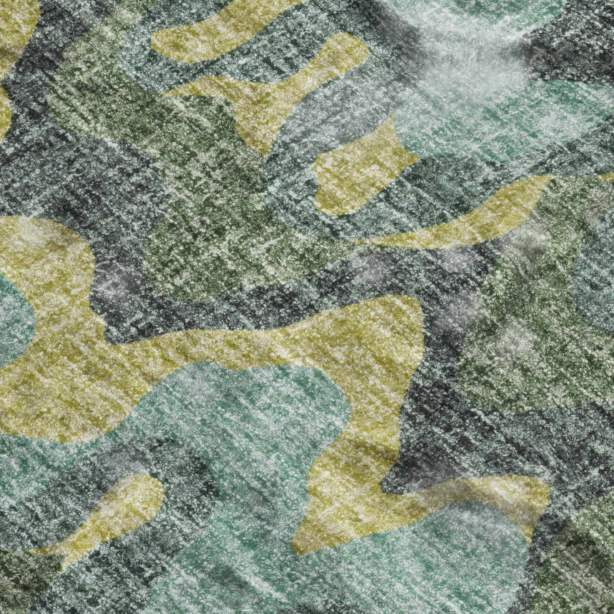 Close-up of Dalyn Luxury Lorenzo LN6 Teal Washable Area Rug. Abstract pattern in beige, green, sage, and charcoal.