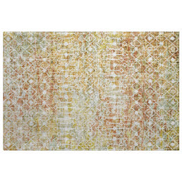 Close-up of the Dalyn Luxury Lorenzo LN7 Peach Washable Area Rug. Features caramel, chestnut, sage, and peach tones.