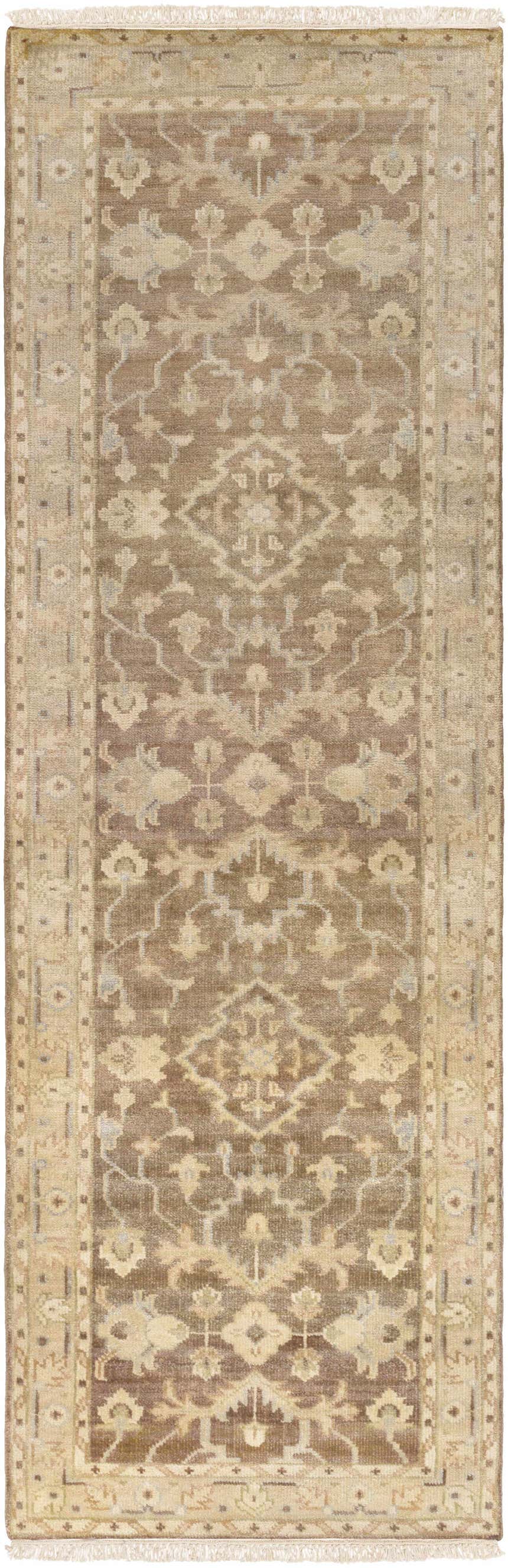 Close-up of the hand-knotted Lochmaben Premium Wool Rug in charcoal, ivory, light brown, and sage. Traditional rug with a detailed pattern. Design-Runner-268