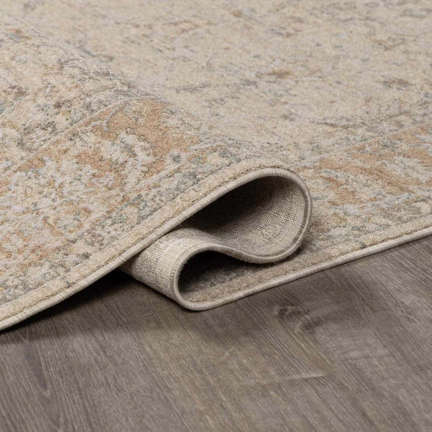 Close-up of the Airlia Cream Thick Luxe Area Rug showing its beige, ivory, and light gray traditional pattern and soft texture. Fold