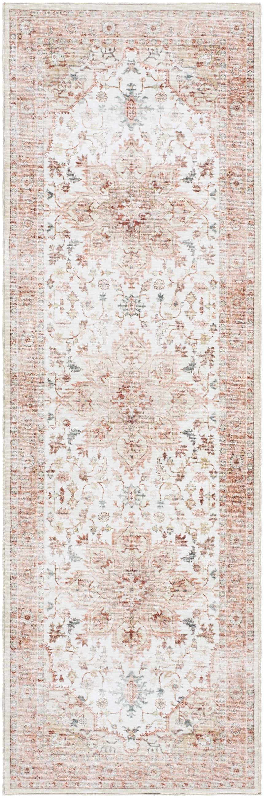 Close-up of the Lotan Pink Medallion Washable Area Rug, a farmhouse-style runner with light gray, sterling gray, and tan colors. Design-Runner-268