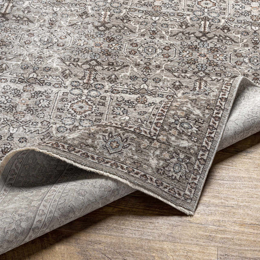 Close-up of the Lugo Luxe Area Rug showing its traditional oriental pattern and charcoal, ivory, and light gray colors. Fold