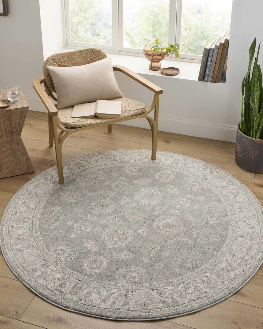Cozy reading nook with Alinae Area Rug in light sage and cream, chair, and natural light. Roomscene-Round
