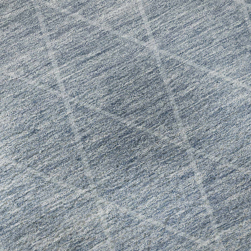 Close-up of Dalyn Luxury Lazio LZ2 Blue Washable Area Rug. Denim, light blue, and silver gray textured pattern.