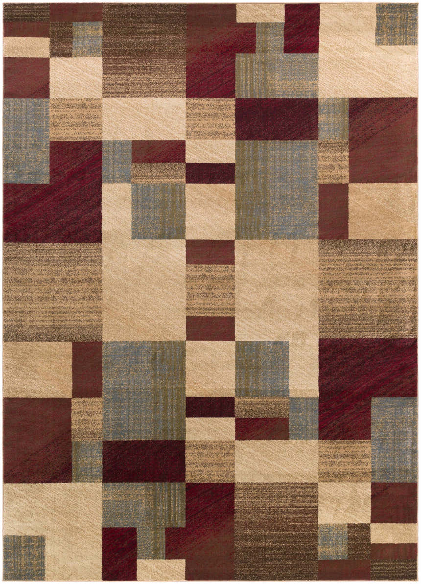 Close-up of the Maumee Brown Mosaic Performance Rug, featuring a geometric block pattern in brown, red, beige, and gray hues. Design-Rectangle-71010