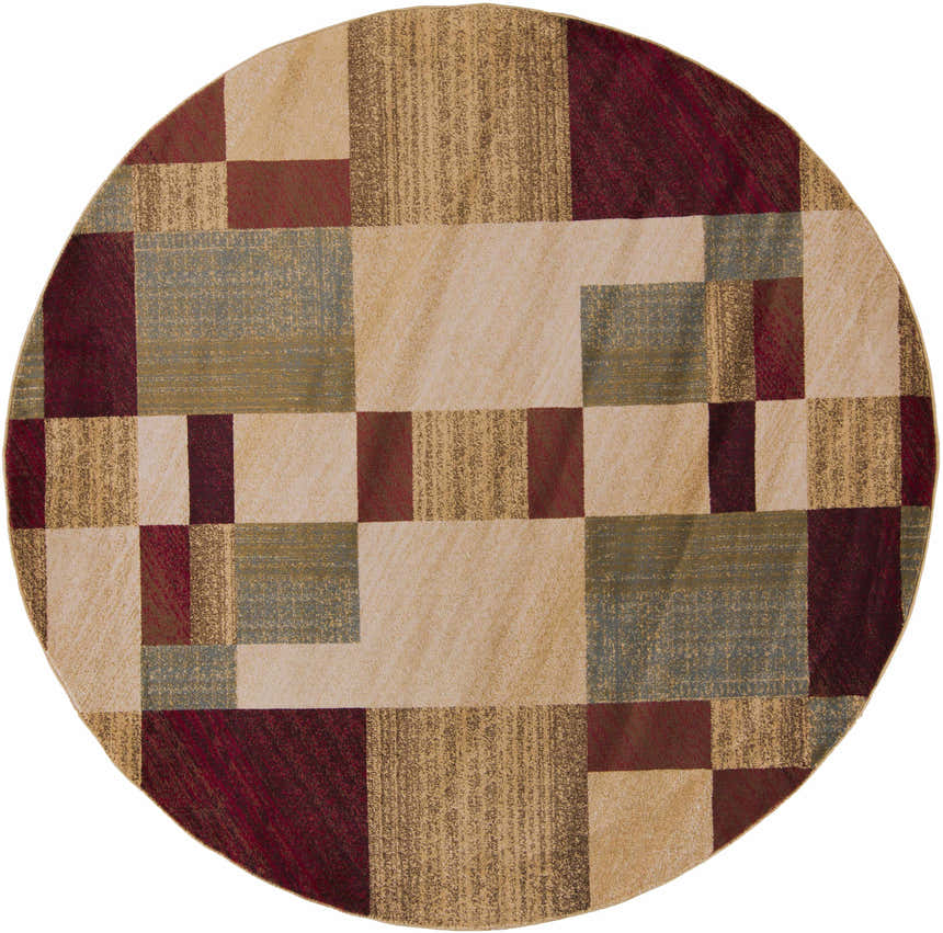 Round Maumee Brown Mosaic Performance Rug featuring a contemporary geometric block pattern in brown, red, and green tones. Design-Round-8