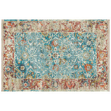 Detailed view of the Dalyn Marbella Mediterranean Washable Area Rug, featuring teal, burnt, and paprika colors. Traditional design.