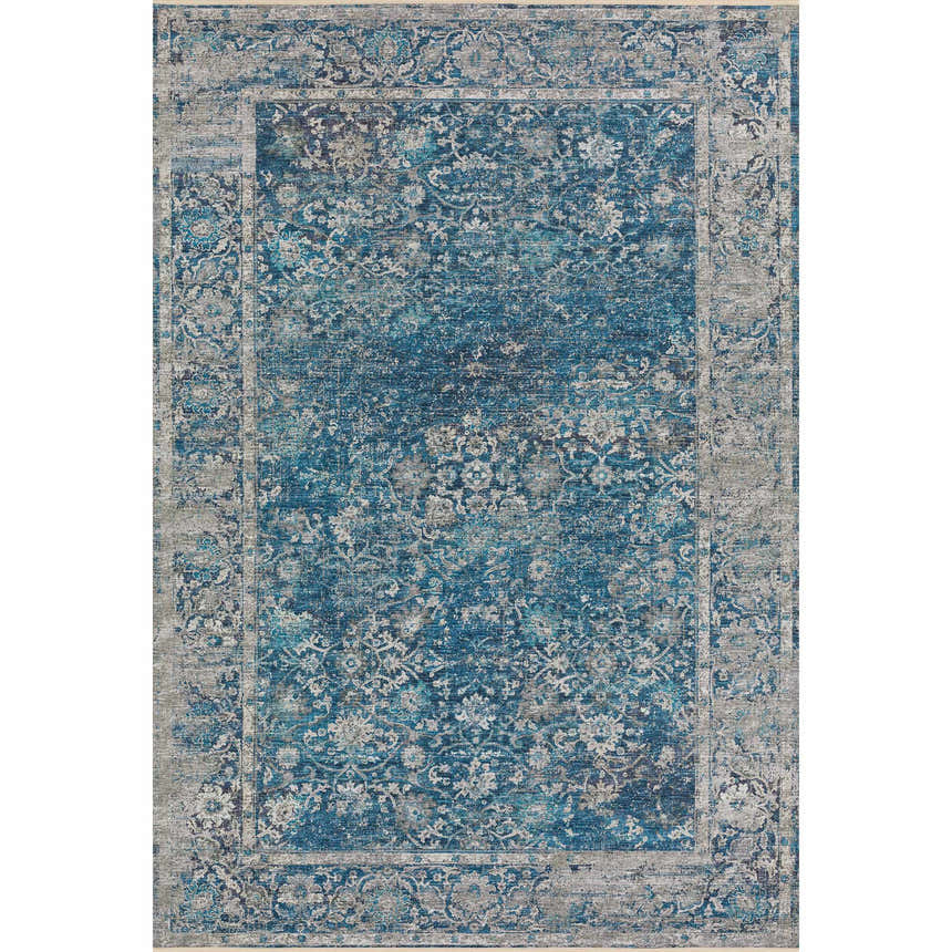 Dalyn Marbella MB2 Navy Washable Area Rug with a traditional floral pattern in navy, gray, and purple hues.