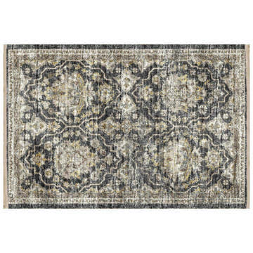 Close-up of the Dalyn Machine Indoor/Outdoor Marbella MB4 Charcoal Washable Area Rug. Traditional floral pattern in charcoal, taupe, and brown.