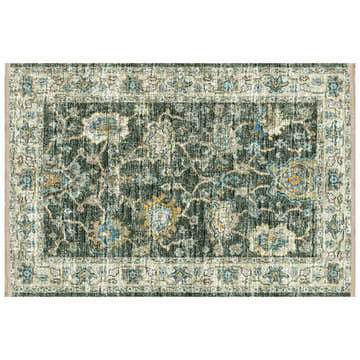 Close-up of Dalyn Marbella MB6 Olive Washable Area Rug. Features beige, gold, navy, and olive floral traditional pattern.