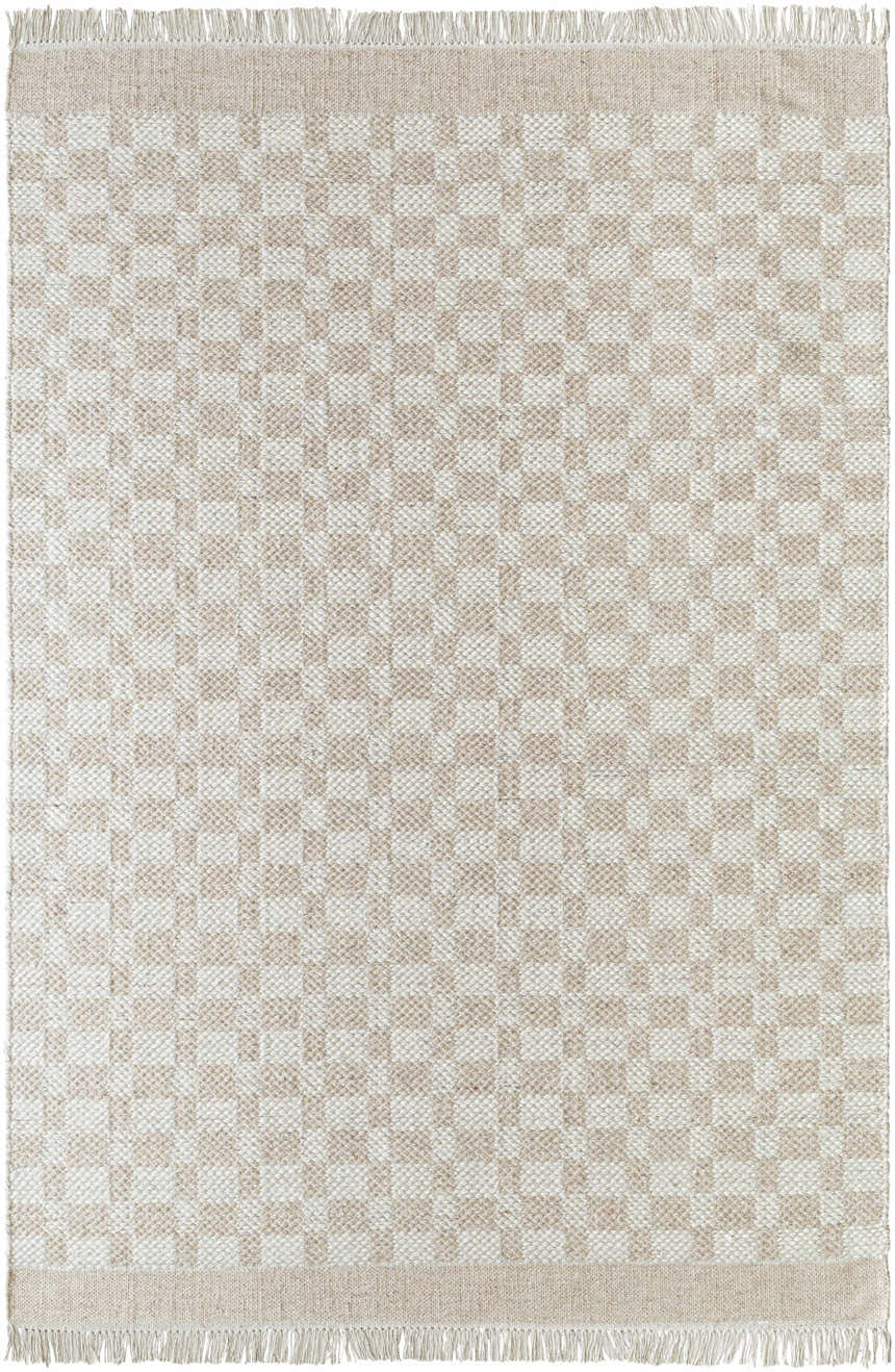 Hand woven Meira Tan Area Rug with a farmhouse style checkerboard pattern in ivory and tan wool. Design-Rectangle-576