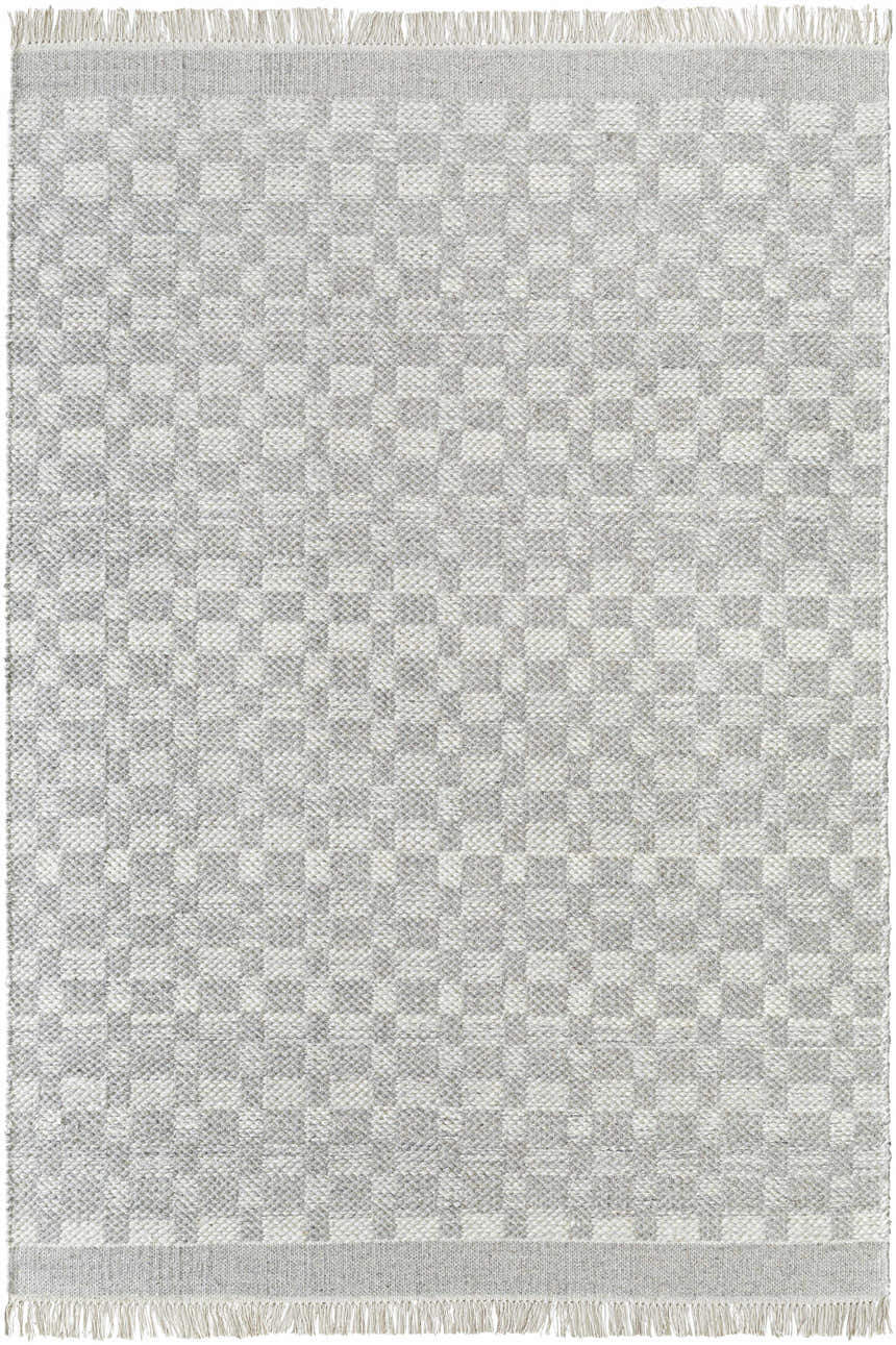Close-up of the hand woven Meira Wool Rug. Ivory rug with a subtle checkered pattern and fringed edges. Design-Rectangle-576