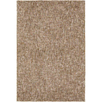 Close-up of the hand-tufted Dalyn Mateo ME1 Mocha Area Rug, featuring beige, brown, and off-white tones. Wool and viscose blend.