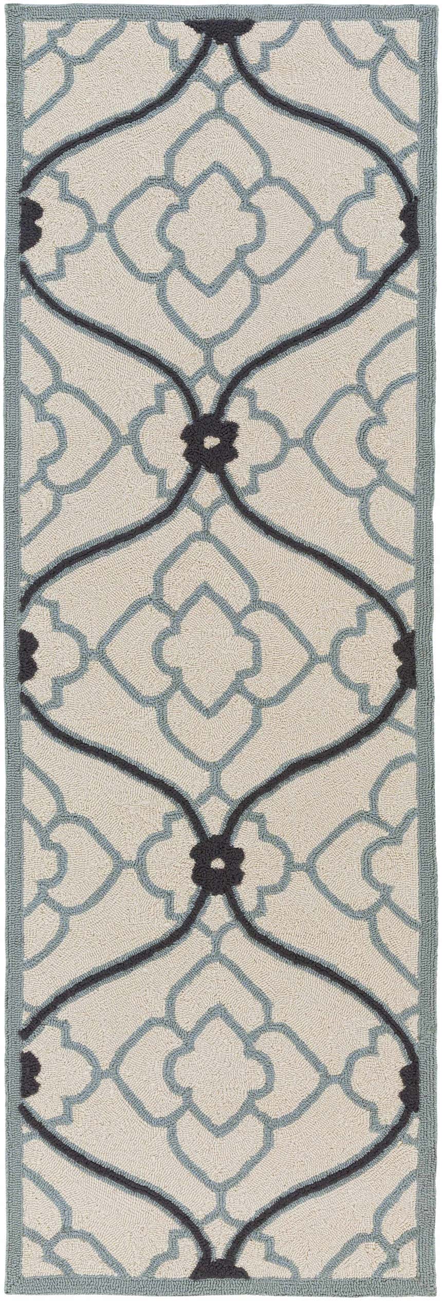 Close-up of the Menomonie Area Carpet. Hand-hooked rug with dusty sage, light beige, and navy geometric pattern. Design-Runner-268