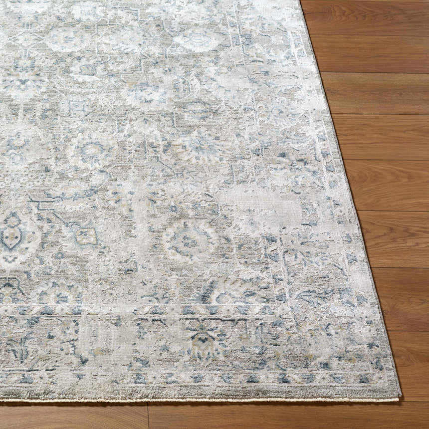Close-up of the Melianna Gray Blue rug showing its traditional pattern, texture, and colors on a wood floor. Front
