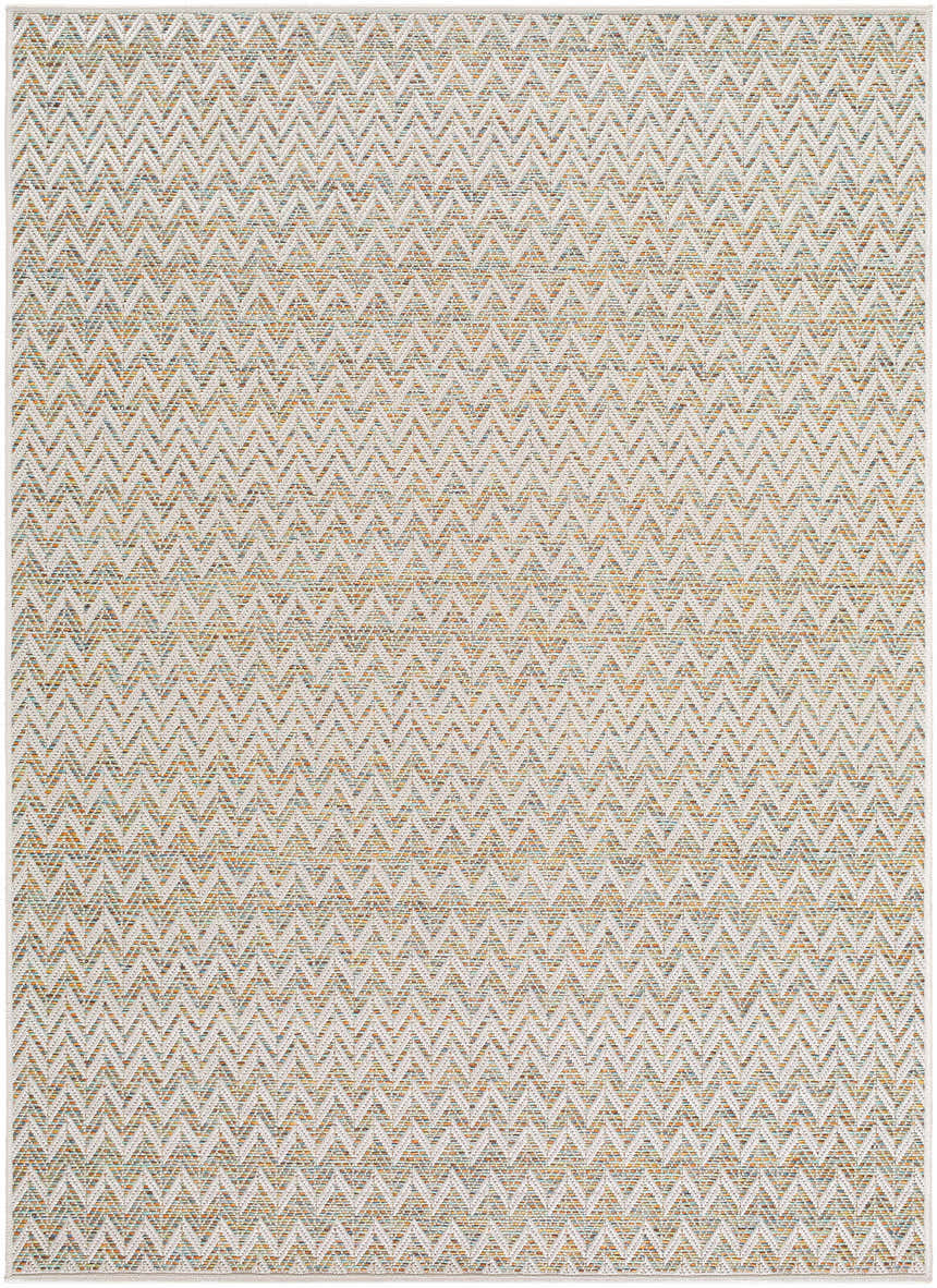 Close-up of Alazne Ivory Area Rug. Polypropylene rug with a subtle chevron pattern in ivory, sage, tan, and taupe. Design-Rectangle-57