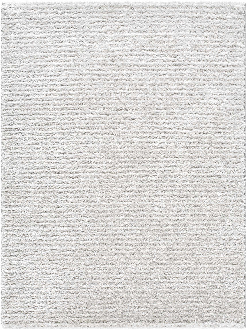 Close-up of the plush, cream Alysha Area Rug. Shag rug texture with subtle light slate tones. Design-Rectangle-537