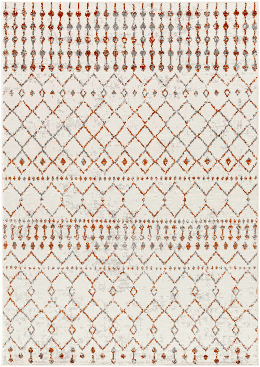 Close-up of the Medea Area Rug: burnt orange and charcoal diamond pattern on a light gray, machine woven rug. Design-Rectangle-57