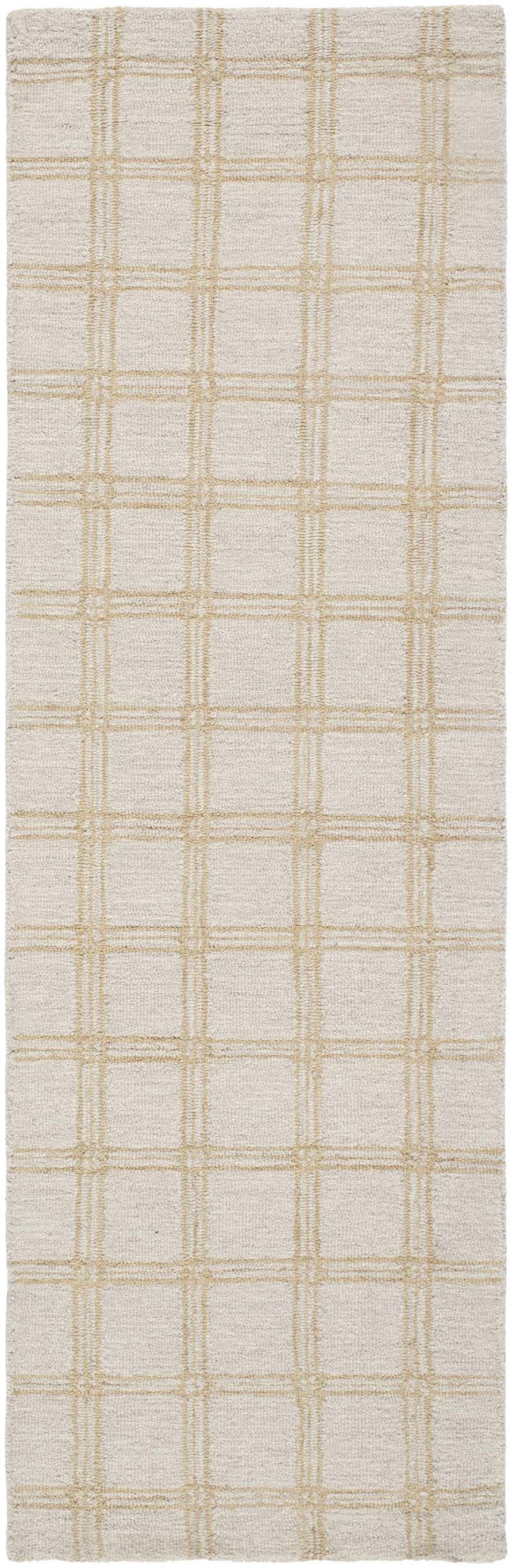 Close up of the Adagio Area Rug. Beige wool rug with a sandstone grid pattern. Hand tufted texture. Design-Runner-268
