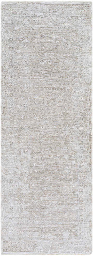 Close-up of the Anders Area Rug. Cream, light sage, and medium gray traditional pattern. Machine woven polyester rug. Design-Runner-268