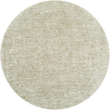 Close-up of round Beth Machine Woven Vivir x LIVABLISS VVBE-2301 area rug with cream, light sage, and gray farmhouse pattern. Design-Round-53