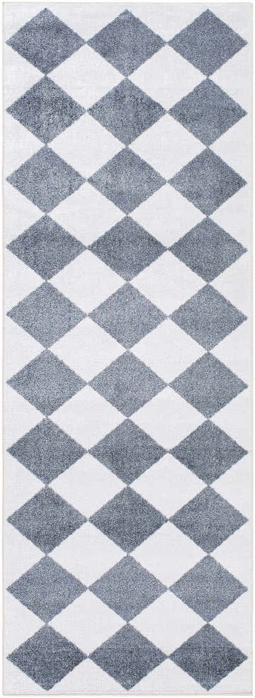 Close-up of the Ulric Navy Blue Diamond Washable Area Rug featuring a geometric diamond pattern in navy and off-white. Design-Runner-2773