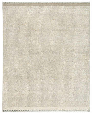 Close-up of the Manatal Rug, a flat woven wool rug in beige with subtle charcoal stitching detail. Design-Rectangle