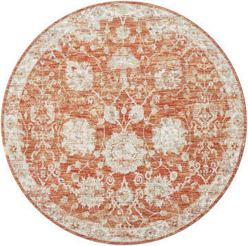 Close-up of a round Manawan Thick Luxe Area Rug. Brick red rug with cream floral and oriental-inspired designs. Design-Round-710