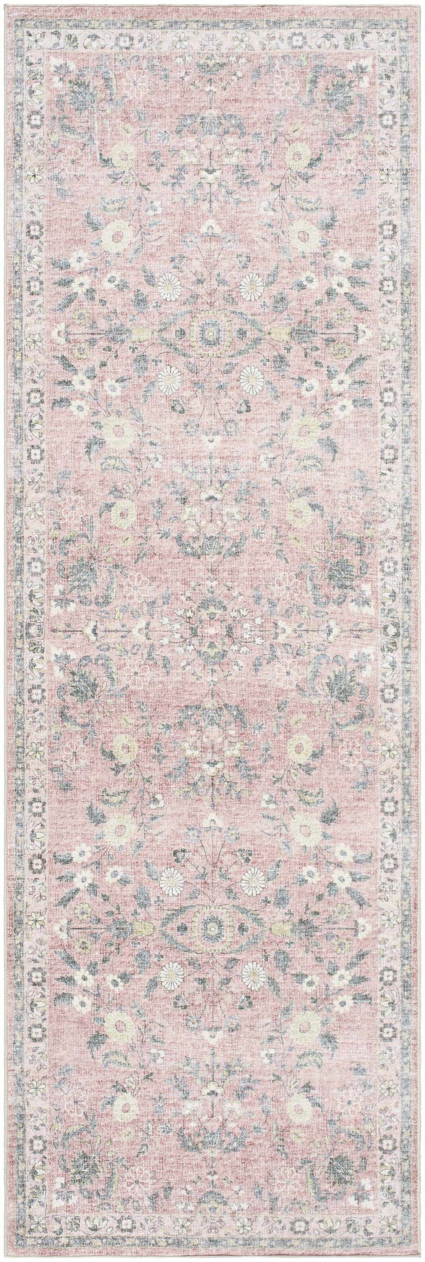 Close-up of Meyly Pink Washable Area Rug. Traditional floral pattern in light gray, silver gray, and taupe on a pink background. Design-Runner-268