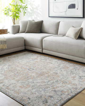 Living room scene with a neutral sectional sofa and the Amaris Area Rug in charcoal, cream, and peach tones. Roomscene-Rectangle
