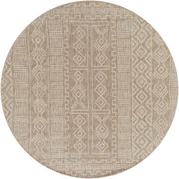 Close-up of a round Epson Dark Beige Indoor & Outdoor Area Rug. Features a geometric pattern in cream and light brown. Design-Round-67