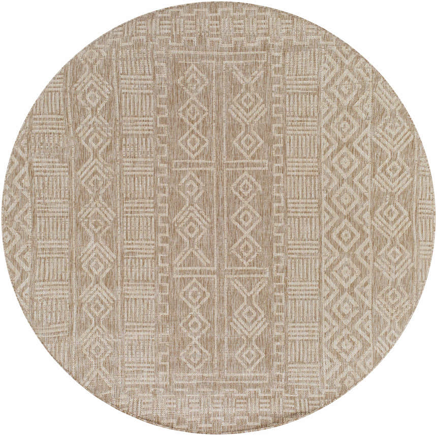 Close-up of a round Epson Dark Beige Indoor & Outdoor Area Rug. Features a geometric pattern in cream and light brown. Design-Round-67