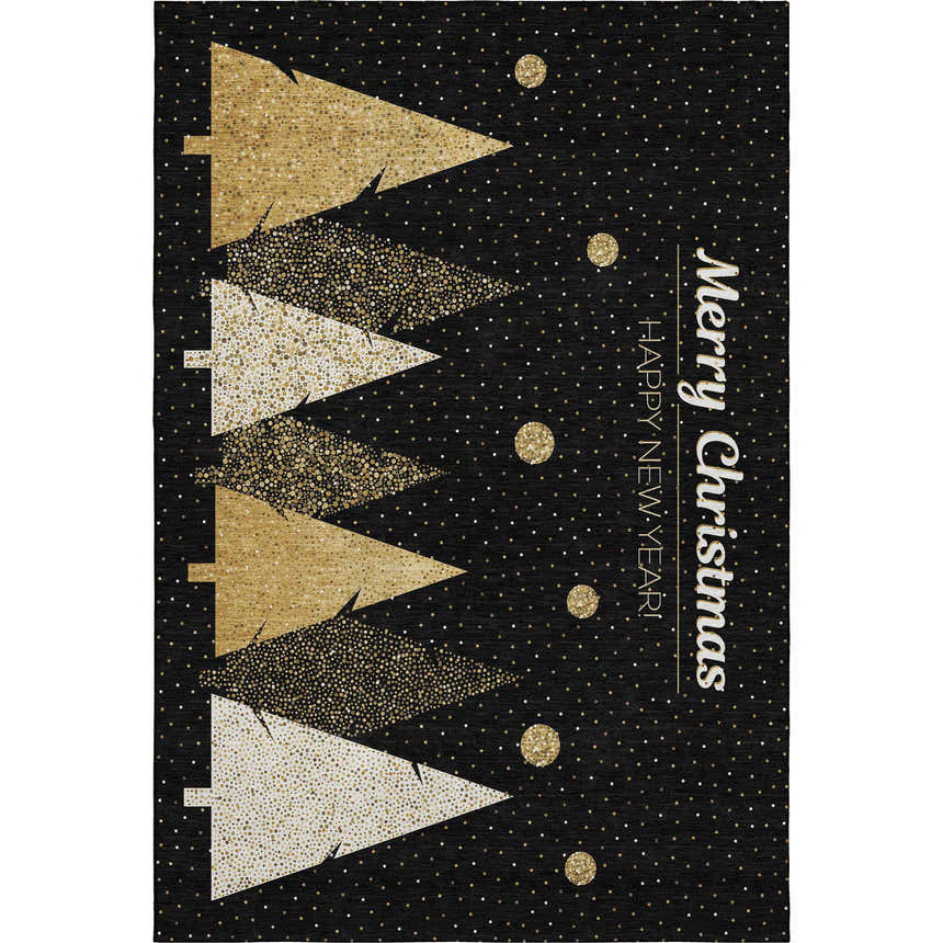 Dalyn Luxury Merry & Bright rug. Black holiday rug with gold Christmas trees and Merry Christmas text.