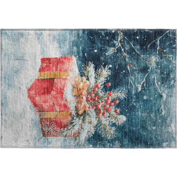 Dalyn Luxury Merry & Bright rug. Holiday design with presents, berries, and snowy branches in blue, red, green, and gold.