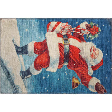 Dalyn Luxury Merry & Bright MY15 Blue Washable Area Rug featuring Santa Claus design with red suit and gift bag.