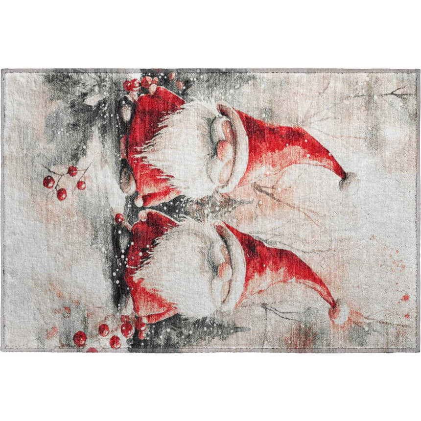 Dalyn Luxury Merry & Bright rug with Santa hats and red berries on an ivory, blush pink, and gray holiday design.