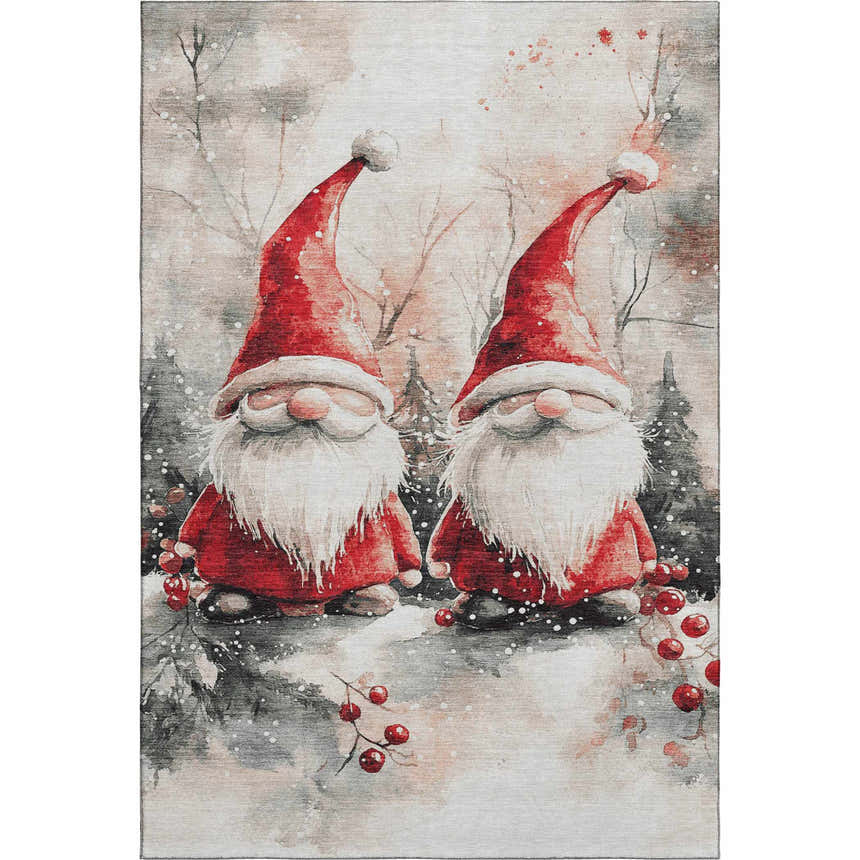 Dalyn Luxury Merry & Bright MY16 rug with two gnomes in red hats and coats in a snowy winter scene.