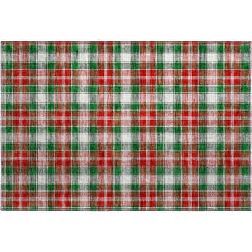 Close-up of Dalyn Luxury Merry & Bright MY20 Emerald Washable Area Rug. Green, red, and off-white plaid design.