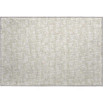 Close-up of the Dalyn Luxury Merry & Bright rug. Beige rug with a subtle, repeating Ho Ho Ho holiday pattern. Washable.