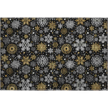 Dalyn Luxury Merry & Bright rug with black background and gold and silver snowflakes and stars. Holiday style.