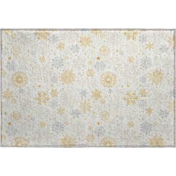 Close-up of Dalyn Luxury Merry & Bright rug. Ivory rug with gold and taupe snowflake pattern. Holiday style.