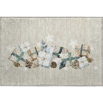 Dalyn Luxury Merry & Bright rug. Beige rug with gifts, pinecones, and stars pattern. Holiday style, indoor/outdoor rug.