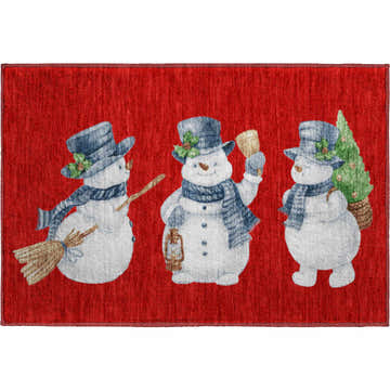 Dalyn Luxury Merry & Bright MY28 red rug with three snowmen wearing hats and scarves. Holiday style.