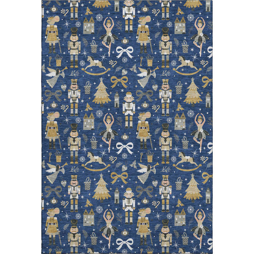 Dalyn Luxury Merry & Bright Navy rug close-up. Features nutcrackers, ballerinas, Christmas trees, and other holiday motifs.