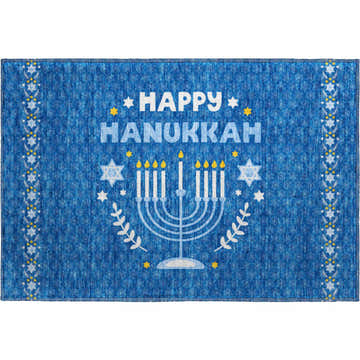 Dalyn Luxury Merry & Bright MY30 Blue Washable Area Rug with Hanukkah menorah and star design.