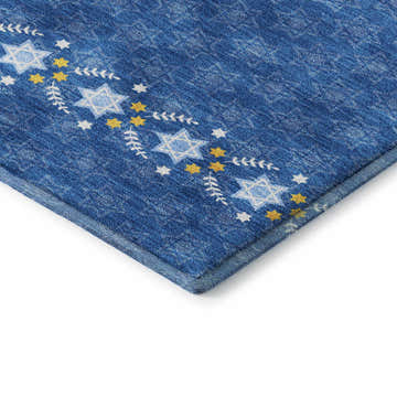 Close up of the Dalyn Luxury Merry & Bright MY30 Blue Washable Area Rug with Star of David and floral design.