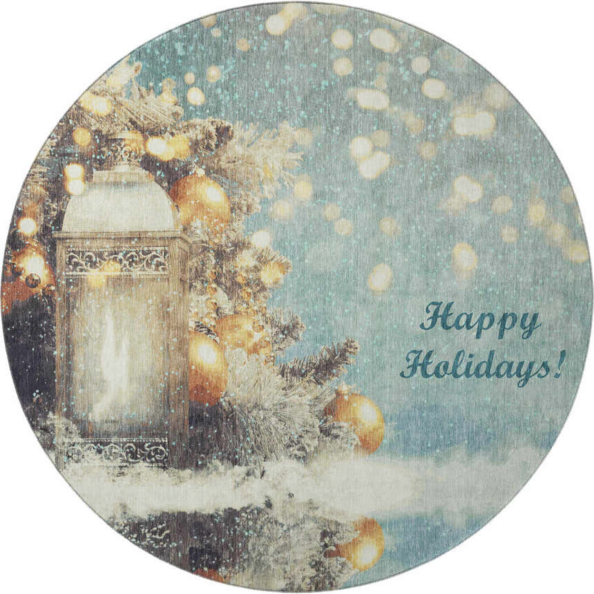 Dalyn Luxury Merry & Bright rug, round shape. Skydust blue rug with lantern, ornaments, and Happy Holidays message.