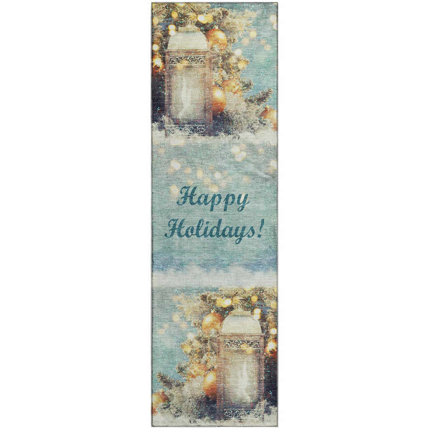 Dalyn Luxury Merry & Bright runner rug with a holiday lantern, ornaments, and Happy Holidays message in skydust, gold, and brown.
