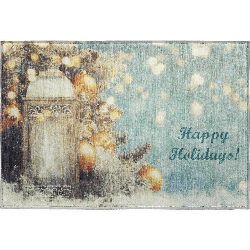 Close-up of the Dalyn Luxury Merry & Bright MY3 Skydust Washable Area Rug. Features a lantern, ornaments and Happy Holidays text.